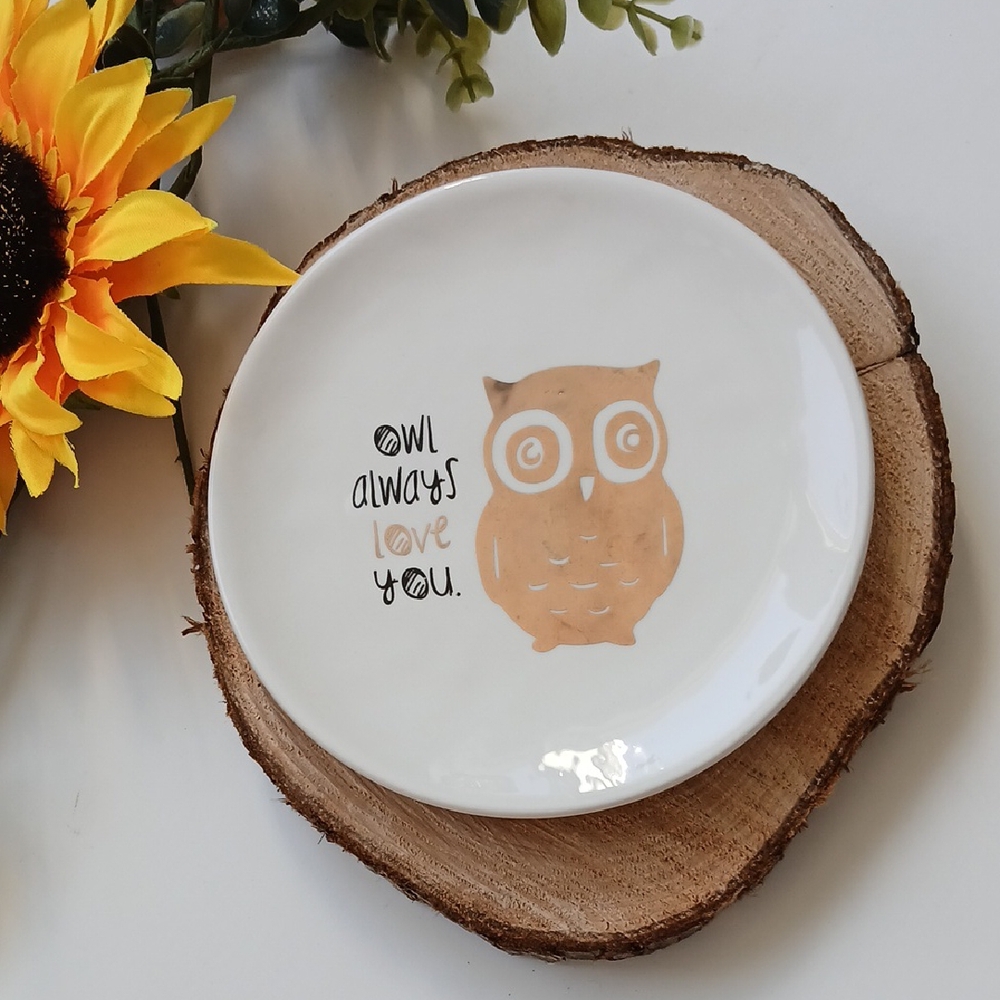 OWL ALWAYS LOVE YOU Whimsical Gold Owl White Round Ceramic Trinket Dish 6"